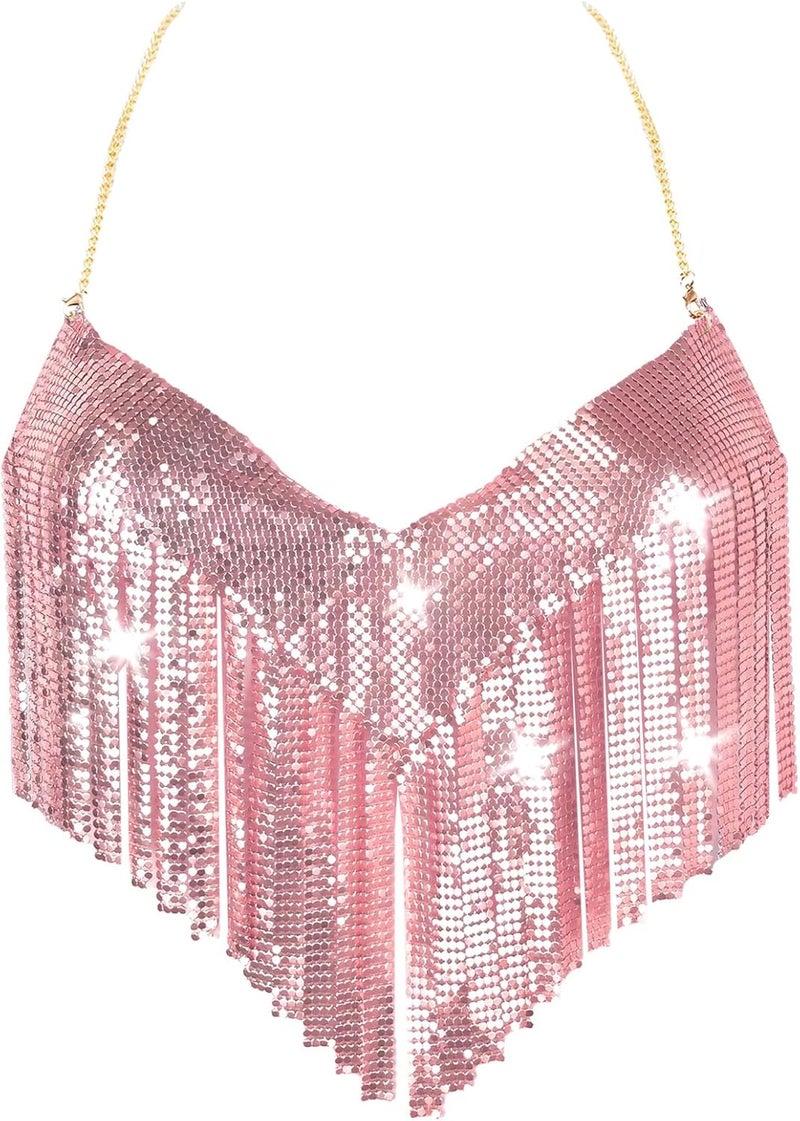 FEOYA Metal Sequins Halter Backless Top Harness Bra Tassel Chest Body Costume Party Nightclub - Image 1